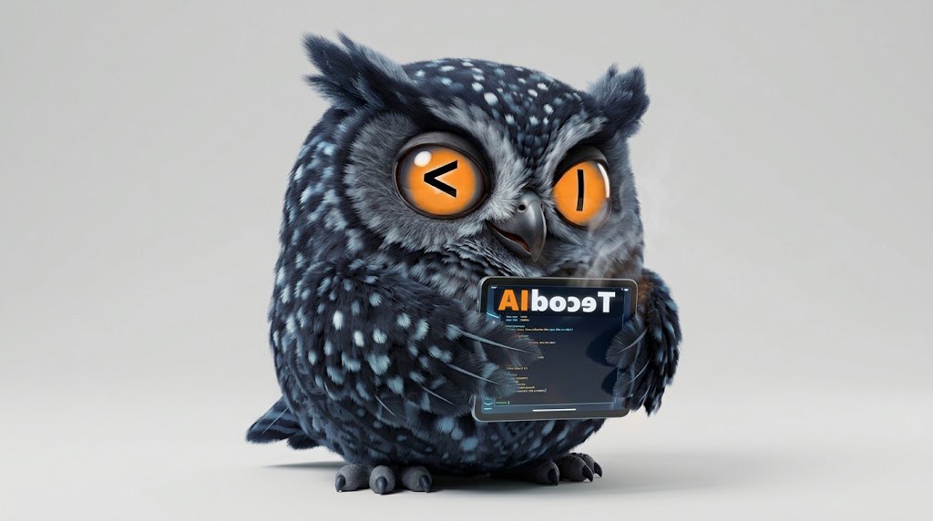 TecodIA's owl mascot holding a tablet full of code